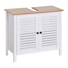 a white wooden cabinet with shutters on the top and bottom doors open to reveal two drawers