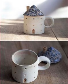 two mugs that have been made to look like houses