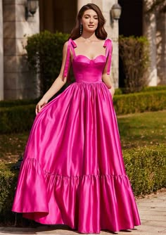 Satin Gown Dress, Ruffle Satin Dress, Fuchsia Prom Dress, Pink Maxi Dress With Lined Fitted Bodice, A-line Maxi Dress With Ruffles For Banquet, Pink A-line Maxi Dress For Banquets, Banquet Maxi Dress With Ruffles And Fitted Bodice, Pink Maxi Dress With Sweetheart Neckline And Fitted Bodice, Floor Length Wedding Guest Dress