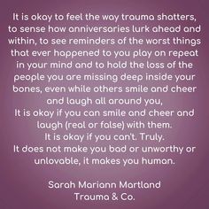 Trauma & Co. on Instagram: “It is okay to feel the way trauma shatters, to sense how anniversaries lurk ahead and within, to see reminders of the worst things that…” It Is Okay, Its Okay, The Worst, Personalities, No Way, Things That, The Way, Sense, Mindfulness