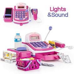 a pink toy calculator and other toys on display with the words lights & sound