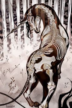 a horse that is standing up in the woods with skeleton on it's back