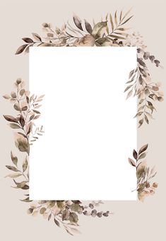 a square frame with watercolor leaves and branches on the edges, in neutral tones