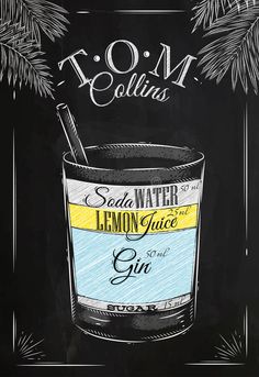 a chalk drawing of a lemon juice in a glass with pine branches on the side