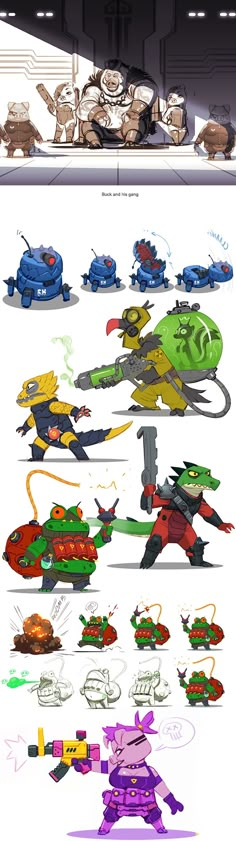 an image of some cartoon characters in different stages of development and color scheme for the game