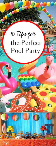 a pool party with flamingos and balloons