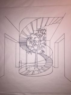 a drawing of a tree in the middle of a room with stairs and a spiral staircase