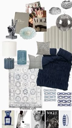 a collage of blue and white items including bedding, pillows, rugs and lamps