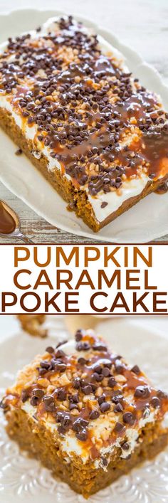 pumpkin caramel poke cake on a white plate