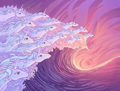 an image of a group of unicorns in the ocean on top of a wave