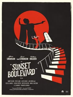 the poster for sunset boulevard shows a man on a staircase with his arms outstretched and hands raised