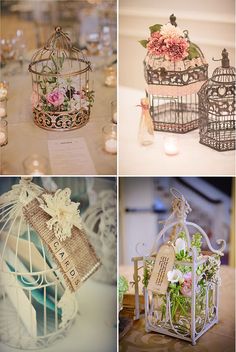 four different pictures with flowers and birdcages on them, one is filled with candles