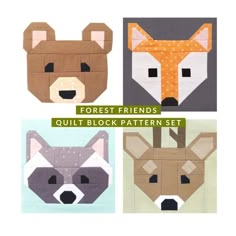 four different animal blocks with the words forest friends quilt block pattern set