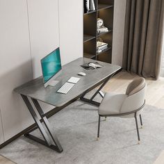 a computer desk with a laptop on it in front of a bookcase and bookshelf