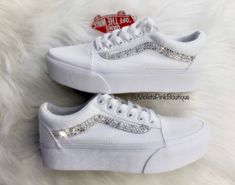 Bling Vans Swarovski Crystals Women's Vans Old Skool Platform White sneakers ** Choose Bling on 2 or all 4 stripes These are one of a kind beautiful custom made sneakers, Nike Air Max 270, embellished with authentic Swarovski Diamond elements, The most expensive Swarovski® crystals in the world, imported from Austria. Shoes are purchased from an authorize Nike retailer new in the box with tags. Hand customized by a certified Swarovski® artist. Shoes arrive beautifully packaged in original box. Y Vans Old Skool Platform White, Custom White Vans, Customized Nikes, Tenis Air, Bedazzled Shoes Diy, Vans Tennis Shoes, Quinceanera Shoes, Tennis Vans, Swarovski Nike