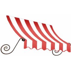 a red and white striped awning with black metal hooks on the side, isolated against a white background