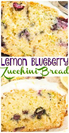 lemon blueberry zucchini bread is cut in half and ready to be eaten