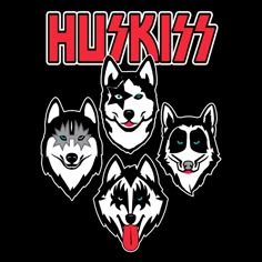 four husky dogs with their tongue out in front of the word hunkz on a black background