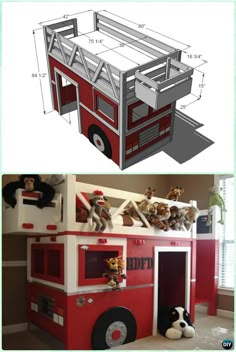 a fire truck bed with stuffed animals on the top and bottom bunk beds below it