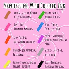 Manifestation Colors Meaning, When To Manifest, Manifesting Colors, Manifestation Pen Colors Meaning, Color Magick Witchcraft, Manifestation Colors, Colors For Manifesting, Colors For Manifestation, Manifesting With Colored Ink