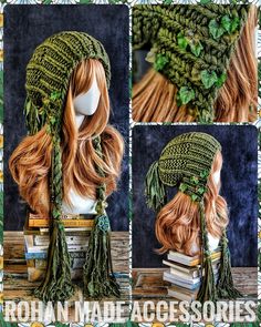 a woman's head wearing a green knitted hat and scarf with leaves on it