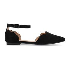 Point your toe in style with the Lana flat by Journee Collection. This flat features a pointed toe, scalloped detail on the toe and heel, and an ankle buckle strap. This dainty flat can easily be transformed from day to night.Features: LightweightShoe Heel Height: 1/2 InchUpper/Outer Base Material: 100% SyntheticShoe Lining Material: SyntheticSole Material Content: 100% RubberToe Type: Pointed ToeShoe Strap Type: Ankle StrapCare: Spot CleanHeel Style: Block HeelCountry of Origin: Imported Black Wedding Shoes Flats, Black Pointed Flats, Black Wedding Shoes, Shoes Ballet Flats, Quiet Confidence, Fancy Fits, Dressy Sandals, Wedding Shoes Flats, Pointed Flats