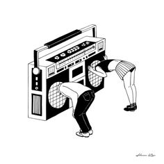 two people standing next to an old fashioned boombox with the radio on it's side