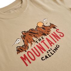 Our Trail Tees look and feel like premium cotton t-shirts, but they also keep you cool, dry, and comfortable. Designed for everyday comfort with performance tech built in. The design on this shirt features The Minarets, a prominent mountain range in the Eastern Sierra, and the famous saying from John Muir "The mountains are calling".- Locally printed in Mammoth Lakes, CA- Tan shirt with a Black, Red, Brown, and White screen printed graphic- UPF 25+ Sun Protection- Quick Dry moisture wicking tech Women T Shirts Graphic Tees, Outdoor Shirt Designs, Mountain Tshirt Design, Mountain Stamp, Outdoor Tshirt, Mountain T Shirt, Mountain Wear, Mountain Graphic Tee, Winter Tees