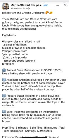 the recipe for martha stewart's baked ham and cheese croissants is shown