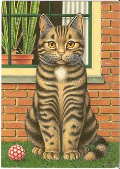 a cat sitting in front of a window next to a brick wall and potted plant