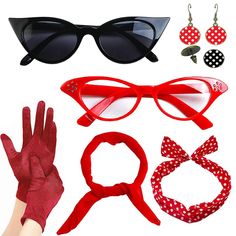 PRICES MAY VARY. 💋Packet include:2 x 50s cat eye glasses,1 x 1950s sheer chiffon scarf ,1 x 50's tiffany headband,4 x Drop Dot Earrings,2 x Gloves 💋50's accessories set:The perfect 50s retro accessories make your costume even perfect. Polka dot fancy dress retro asscessories set will allow you to perfectly restore the feminine and fashionable style of the 1950s and look elegant and attractive at party. 💋High Quality:Scarf made of chiffon fabric,silk feel and breathable, Twisty bendy banadana