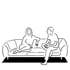 black and white drawing of two people sitting on a couch, one is talking to the other