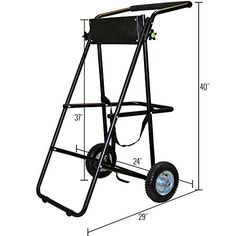 a small black cart with wheels on the front and back wheel, attached to a white background