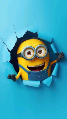 a cartoon minion with glasses and overalls peeking through a hole in the wall