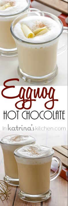 eggnog hot chocolate in serving dishes with text overlay