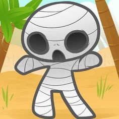 a cartoon character standing in the middle of a desert with palm trees behind him and an alien face on his chest