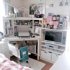 a bedroom with a bed, desk and shelves filled with stuffed animals on the wall