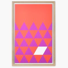 an orange and pink poster with triangles on it's back ground, against a white background