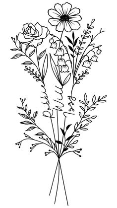 a black and white drawing of flowers