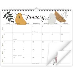 a calendar with leaves and birds on it