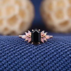 Unique Long Hexagon Cut Black Onyx Engagement Ring Rose Gold Opal Cluster Wedding Ring Dainty Black Gemstone Rings Anniversary Gift For Her Jewelry Information: ♡ Handmade, high-quality item ♡ Material: SOLID 14K/18K GOLD ( can be made in yellow/white/rose gold ) ♡ Center stone: black onyx ♡ Size/Weight:  5x9mm ♡ Cut - Long Hexagon Cut ♡ Side stone: Natural opal ♡ Cut - Marquise Shaped ♡ Band Width: Around 1.8mm Visit my shop for more jewelry: https://www.etsy.com/shop/acraisejewelry PRODUCTION Opal And Onyx Engagement Ring, Black Octagon Gemstone Jewelry, Emo Engagement Rings, Black Octagon Rings As Gifts, Black Wedding Jewelry With Accent Stones, Black Geometric Ring As Gift, Black Hexagon Jewelry For Formal Occasions, Elegant Black Opal Ring As Gift, Elegant Black Opal Ring For Gift