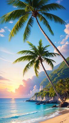 palm trees on the beach at sunset