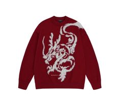 BJHG wool-blend sweater, rib knit crewneck/hem/cuffs, dragon graphic outlined in fleece and logo embroidered at front. Composition - Acrylic, Nylon, Polyester Sizing: US/EU Regular Fit Male Model: 185cm/62kg 6’1/137lbs wearing size XL Female Model: 168cm/45kg 5’6/99lbs wearing size XL Embroidered Crew Sweater For Winter, Winter Sweater With Embroidered Logo For Streetwear, Winter Streetwear Sweater With Embroidered Logo, Winter Sweatshirt With Embroidered Logo, Embroidered Winter Sweater For Streetwear, Red Embroidered Graphic Hoodie, Dragon Sweater, Red Harajuku Crew Neck T-shirt, Casual Crew Neck Top With Dragon Design