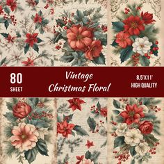 vintage christmas floral digital paper pack with red and white flowers, holly leaves, poinsettis