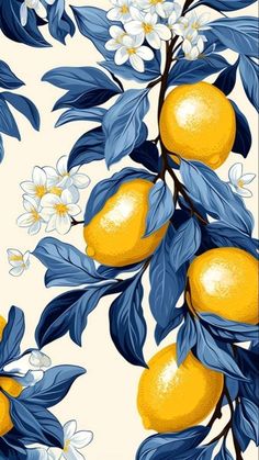 a yellow lemon tree with blue leaves and white flowers on a cream background is featured in this image