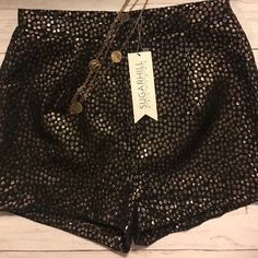 Black With Gold Dots Brand New With Tags Trendy Fall Party Shorts, Trendy Party Shorts For Fall, Fitted Black Shorts For Party, Black Shorts For Night Out In Fall, Fall Party Fitted Shorts, Fitted Party Shorts, Fitted Party Shorts For Fall, Black Sequin Shorts For Summer, Black Shorts For Evening With Short Length