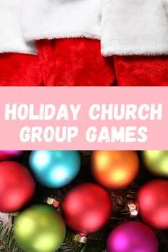 holiday church group games with santa's hat and stockings on the tree in front of them