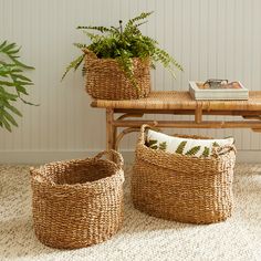 two woven baskets sitting on top of a rug next to a table with a potted plant