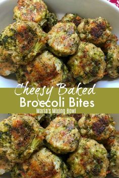 broccoli bites in a white bowl with the words, these baked broccoli bites