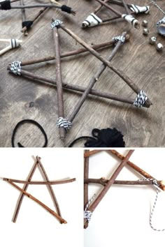 several different types of sticks are arranged in the shape of an inverted triangle and tied together with string